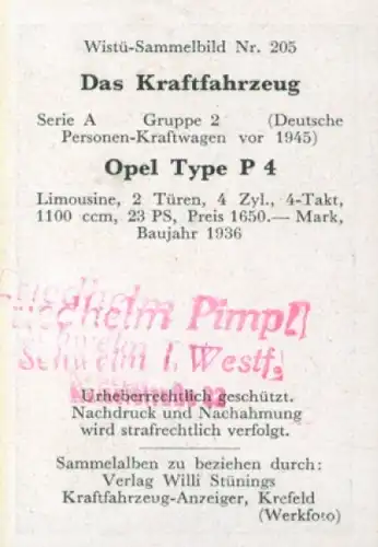 Sammelbild Das Kraftfahrzeug Nr. 205, Deutsche PKW vor 1945, Opel Type P4, Limousine