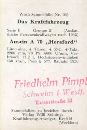 Sammelbild Das Kraftfahrzeug Nr. 105, PKW nach 1945, Austin A 70 Hereford, Limousine