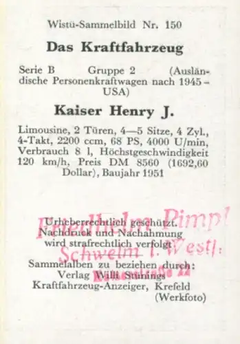 Sammelbild Das Kraftfahrzeug Nr. 150, PKW nach 1945, USA, Kaiser Henry J., Limousine