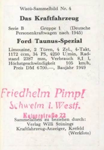 Sammelbild Das Kraftfahrzeug Nr. 4, Deutsche PKW nach 1945, Ford Taunus Spezial, Limousine