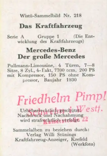 Sammelbild Das Kraftfahrzeug Nr. 218, Entwicklung des Kraftfahrzeugs, der große Mercedes Benz