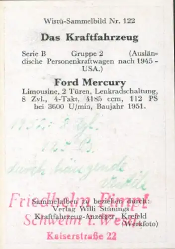 Sammelbild Das Kraftfahrzeug Nr. 122, PKW nach 1945, USA, Ford Mercury, Limousine