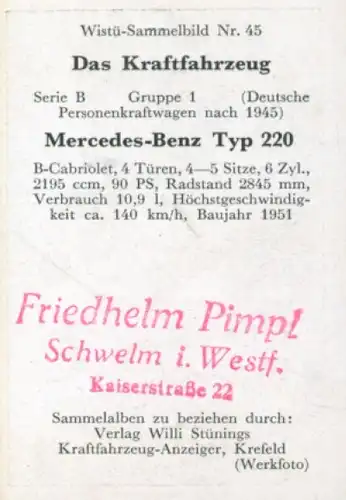 Sammelbild Das Kraftfahrzeug Nr. 45, Deutsche PKW nach 1945, Mercedes Benz Typ 220, B-Cabriolet