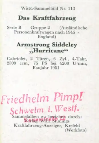 Sammelbild Das Kraftfahrzeug Nr. 113, PKW nach 1945, England, Armstrong Siddeley Hurricane