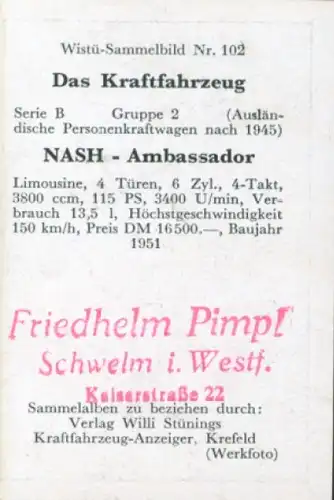 Sammelbild Das Kraftfahrzeug Nr. 102, PKW nach 1945, NASH Ambassador, Limousine