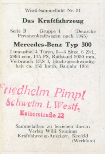 Sammelbild Das Kraftfahrzeug Nr. 51, Deutsche PKW nach 1945, Mercedes Benz Typ 300, Limousine