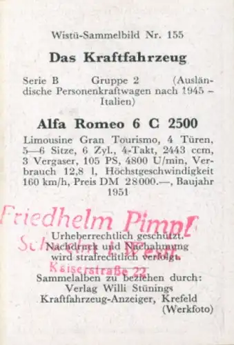 Sammelbild Das Kraftfahrzeug Nr. 155, PKW nach 1945, Italien, Alfa Romeo 6 C 2500, Limousine