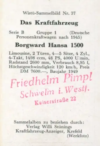 Sammelbild Das Kraftfahrzeug Nr. 37, Deutsche PKW nach 1945, Borgward Hansa 1500, Limousine