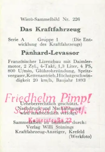 Sammelbild Das Kraftfahrzeug Nr. 226, Entwicklung des Kraftfahrzeugs, Panhard Levassor