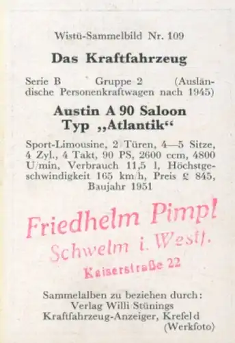 Sammelbild Das Kraftfahrzeug Nr. 109, PKW nach 1945, Austin A90 Saloon Typ Atlantik, Sport-Limousine