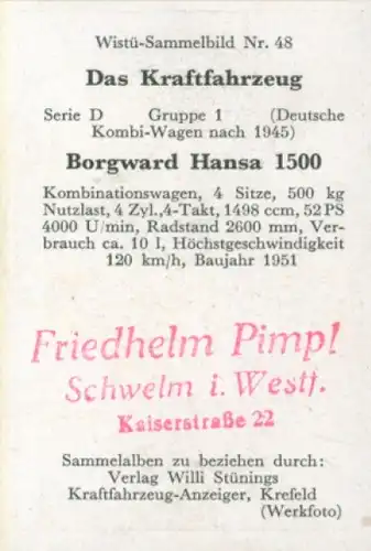 Sammelbild Das Kraftfahrzeug Nr. 48, Deutsche Kombi-Wagen nach 1945, Borgward Hansa 1500