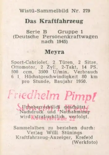 Sammelbild Das Kraftfahrzeug Nr. 279, Deutsche PKW nach 1945, Meyra, Sport Cabriolet