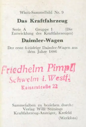 Sammelbild Das Kraftfahrzeug Nr. 9, Entwicklung des Kraftfahrzeuges, Daimler Wagen aus dem Jahr 1886