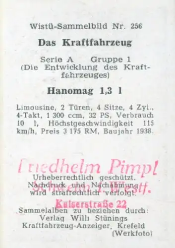 Sammelbild Das Kraftfahrzeug Nr. 256, Entwicklung des Kraftfahrzeuges, Hanomag 1,3 l, Limousine