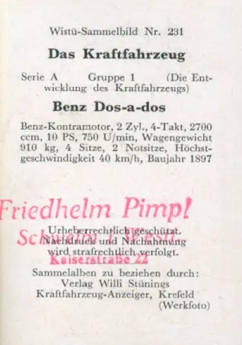 Sammelbild Das Kraftfahrzeug Nr. 231, Entwicklung des Kraftfahrzeuges, Benz Dos-a-dos