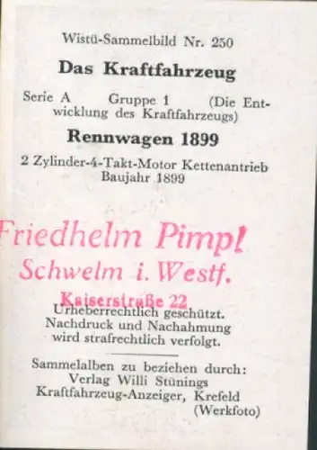 Sammelbild Das Kraftfahrzeug Nr. 250, Entwicklung des Kraftfahrzeugs, Rennwagen 1899