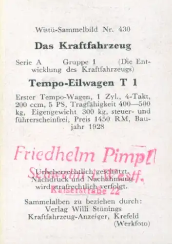 Sammelbild Das Kraftfahrzeug Nr. 430, Entwicklung des Kraftfahrzeugs, Tempo Eilwagen T1