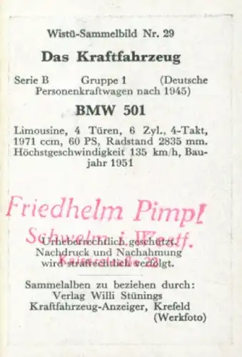 Sammelbild Das Kraftfahrzeug Nr. 29, Deutsche PKW nach 1945, BMW 501, Limousine