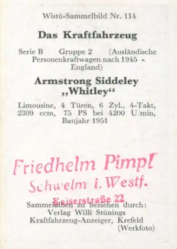 Sammelbild Das Kraftfahrzeug Nr. 114, PKW nach 1945, England, Armstrong Siddeley Whitley, Limousine