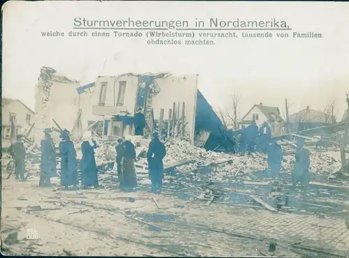 Ak Sturmverheerungen in Nordamerika, zerstörte Häuser nach Tornado, Wirbelsturm