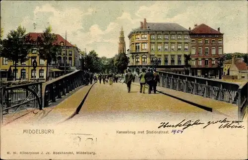 Ak Middelburg Zeeland Niederlande, Kanaalbrug met Stationstraat