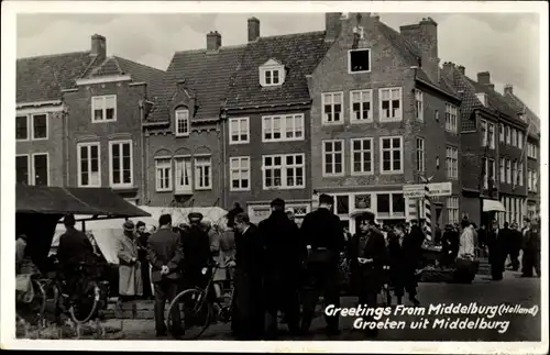 Ak Middelburg Zeeland Niederlande, Markt, Passanten, Häuser