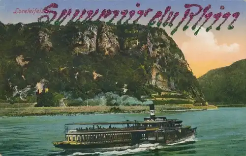 Glitzer Ak Sankt Goarshausen am Rhein, Loreleifelsen, Dampfer