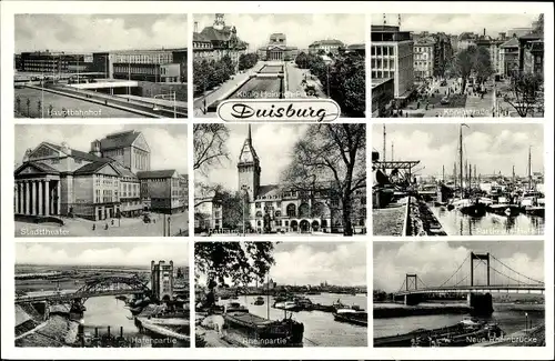 Ak Duisburg im Ruhrgebiet, Partie am Hafen, Neue Rheinbrücke, Stadttheater, Königstraße