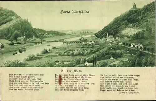 Ak Porta Westfalica an der Weser, Panorama, Brücke, Gedicht