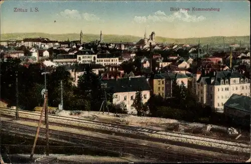 Ak Zittau in Sachsen, Blick vom Kummersberg auf den Ort, Eisenbahnschienen