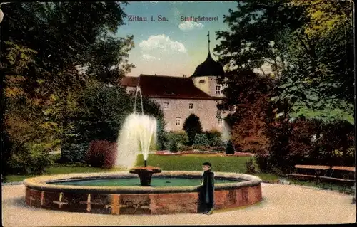 Ak Zittau in Sachsen, Stadtgärtnerei, Springbrunnen
