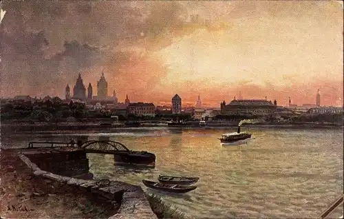 Künstler Ak Astudin, Mainz am Rhein, Panorama, Sonnenuntergang, Fluss