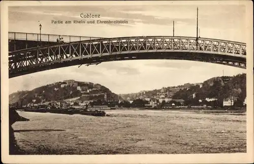 Ak Ehrenbreitstein Koblenz am Rhein, Partie am Rhein, Brücke