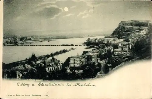 Mondschein Ak Ehrenbreitstein Koblenz am Rhein, Panorama