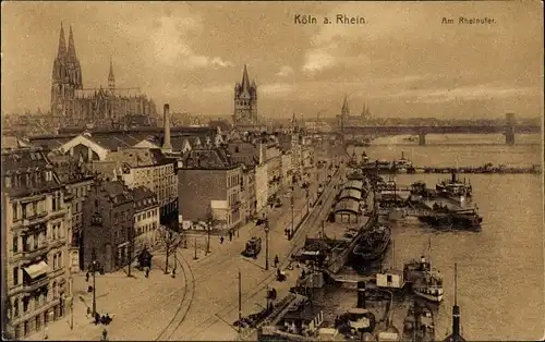 Ak Köln am Rhein, Panorama, Brücke, Anleger, Dom, Am Rheinufer