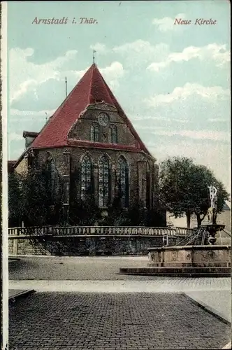 Ak Arnstadt in Thüringen, Neue Kirche, Brunnen