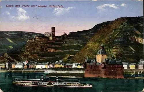 Ak Caub Kaub am Rhein, Ortsansicht mit Pfalzgrafenstein und Ruine Gutenfels, Schiff