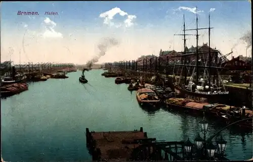 Ak Hansestadt Bremen, Hafen, Lastkähne, Segelschiff vor Anker