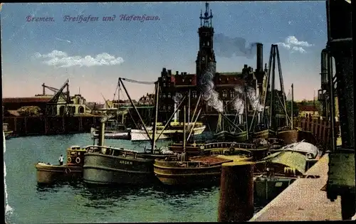 Ak Hansestadt Bremen, Freihafen und Hafenhaus
