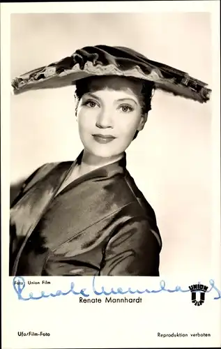 Ak Schauspielerin Renate Mannhardt, Portrait, Autogramm, Hut