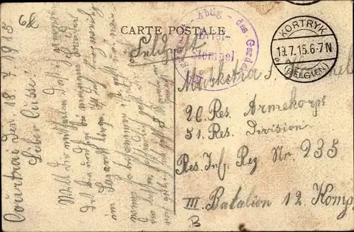 Ak Stempel Deutsche Feldpost 1. WK, Kortryk Belgien, Kriegslazarett Abtlg. des Gardek.