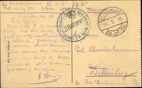 Ak Stempel Deutsche Feldpost 1. WK, 39. Inf. Div., 3. Oberels. Feldartillerie Regiment No. 80