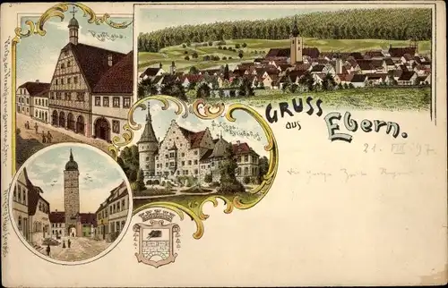 Litho Ebern in Unterfranken, Rathaus, Schloss, Tor, Totalansicht