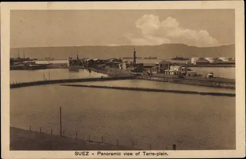 Ak Suez Ägypten, Panoramic view of Terre plein