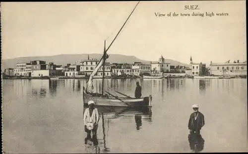 Ak Suez Ägypten, View of the town during high waters