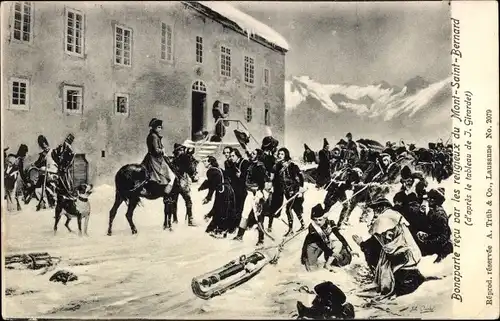 Künstler Ak Girardet, Kanton Wallis,Napoleon Bonaparte recu par les rengieux du Mont Saint Bernhard