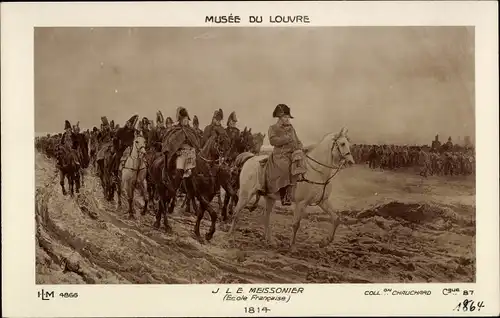 Künstler Ak Meissonier, J. L. E., Napoleon zu Pferde, Französische Soldaten, Musee du Louvre