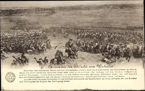 Ak Panorama der Schlacht von Waterloo, Zwischen den berittenen Jägern und Kürassieren...