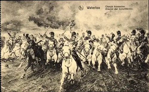 Ak Schlacht von Waterloo, Charge ecossaise, Schlachtfeld, Kavallerie