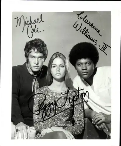 Foto Ak Schauspieler Michael Cole, Peggy Lipton, Clarence Williams III, The Mod Squad, Autogramme